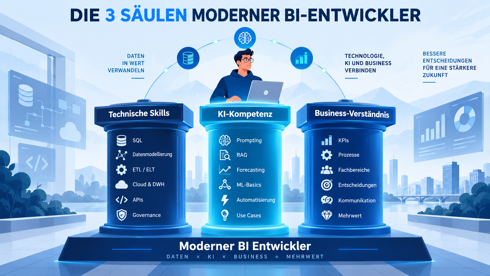 BI Entwickler im KI-Zeitalter: Die neue Rolle in der Business Intelligence 2 Die drei Saeulen moderner BI Entwicklung